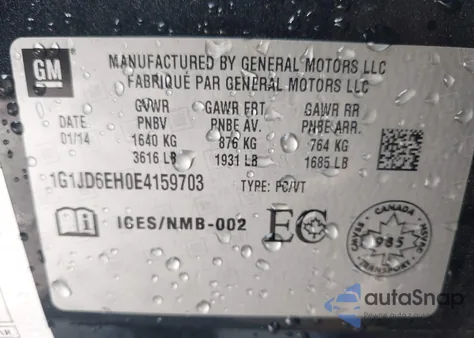 2014 Chevrolet Sonic Lt Manual z USA, uszkodzony, nr VIN 1G1JD6EH0E4159703